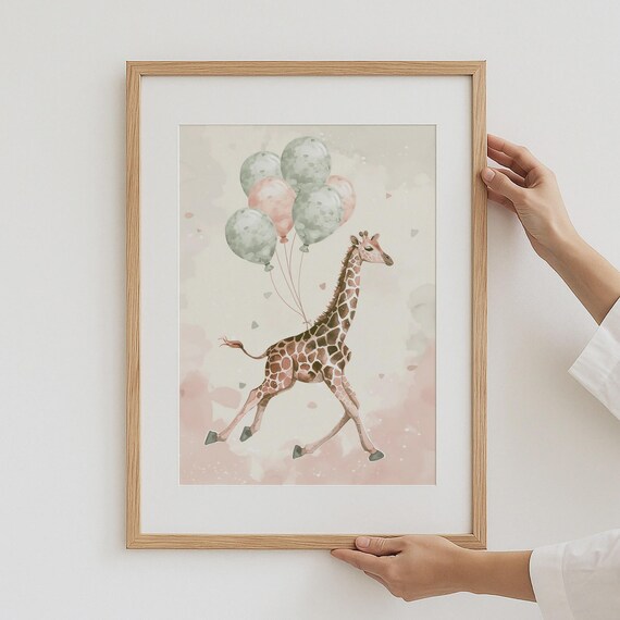 Giraffe with Pastel Balloons Watercolor Nursery Kids Art Poster