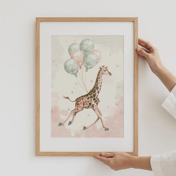 Watercolor Giraffe Print Pastel Balloons Kids Nursery Art