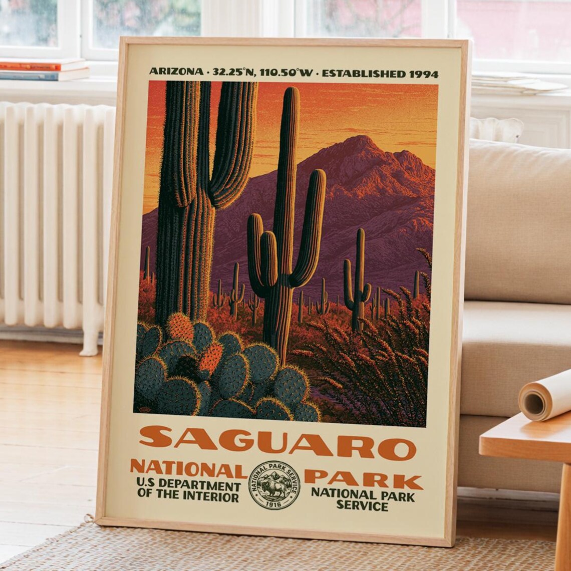 Saguaro National Park Arizona Desert Cactus Sunset Vintage Poster