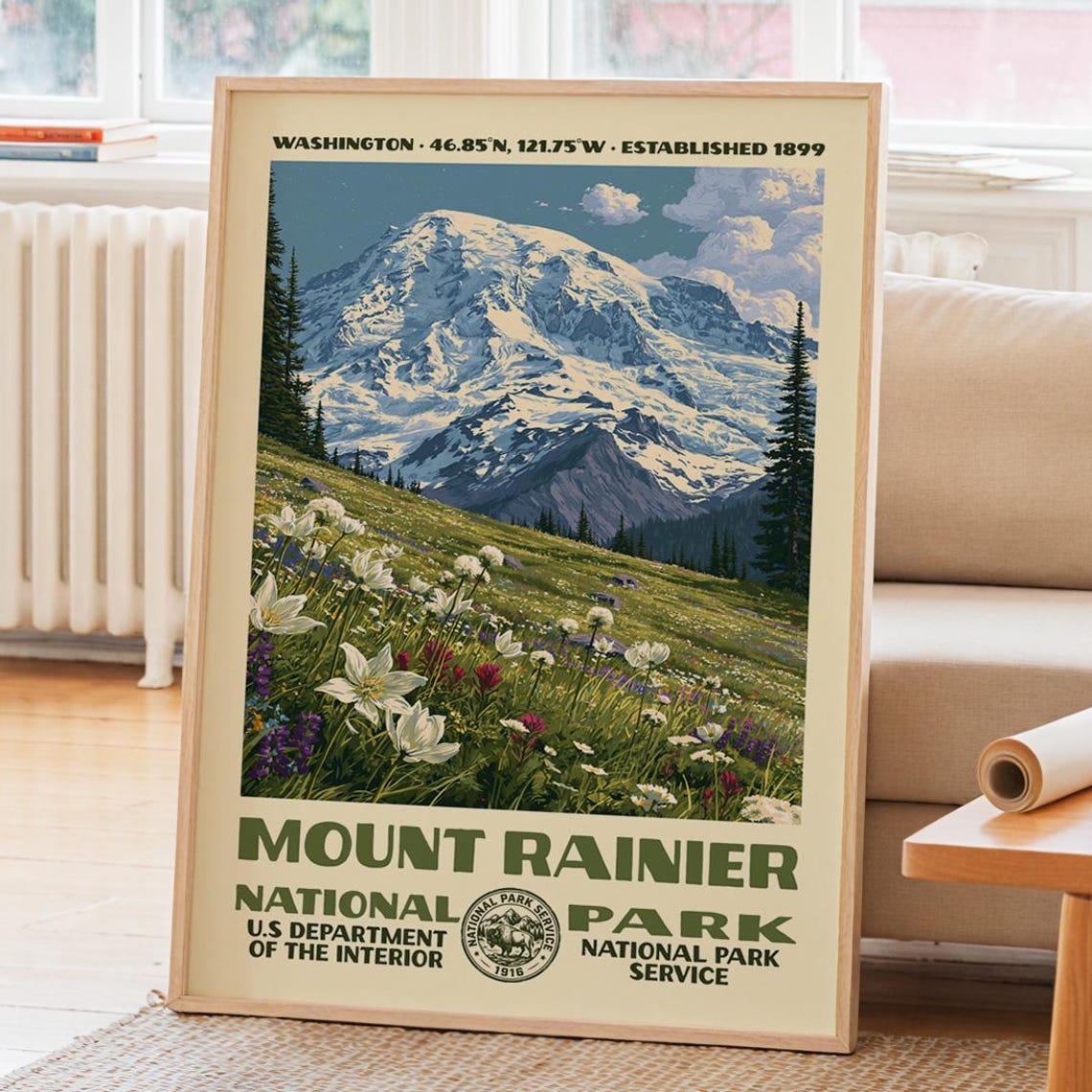 Mount Rainier National Park Washington Snowy Peak Wildflower Poster