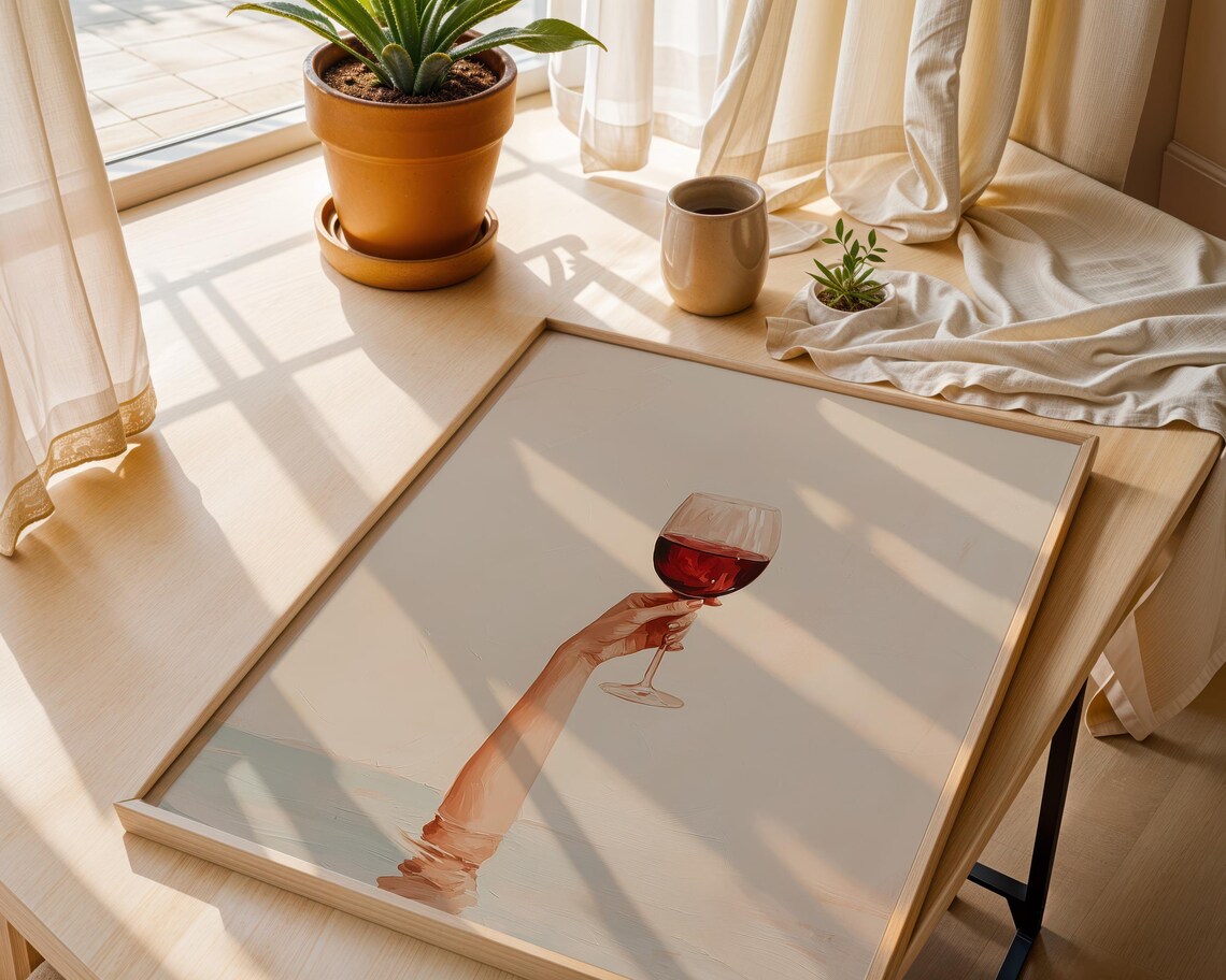 Hand Holding Red Wine Glass Rising from Calm Water Art Poster - Image 2