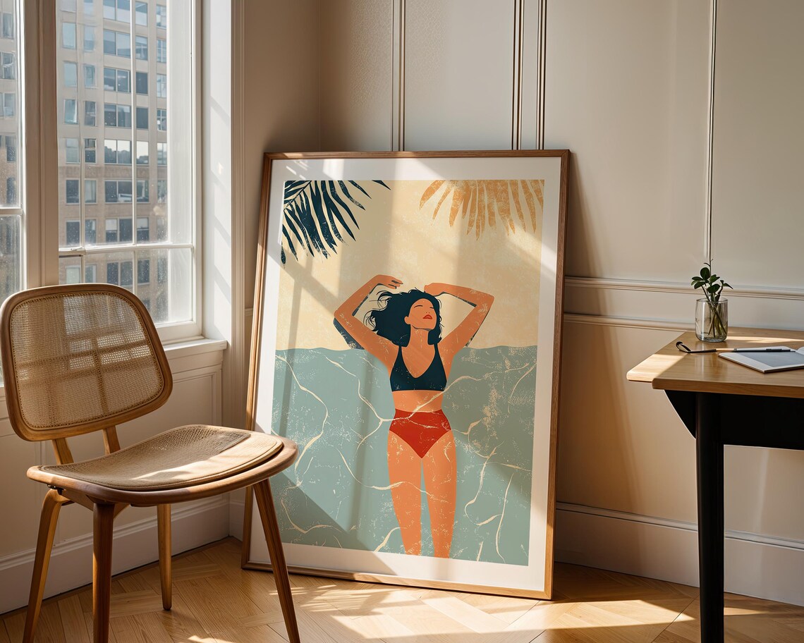 Woman In Bikini Standing In Ocean Water Palm Fronds Minimalist Beach Summer Art Poster - Image 4