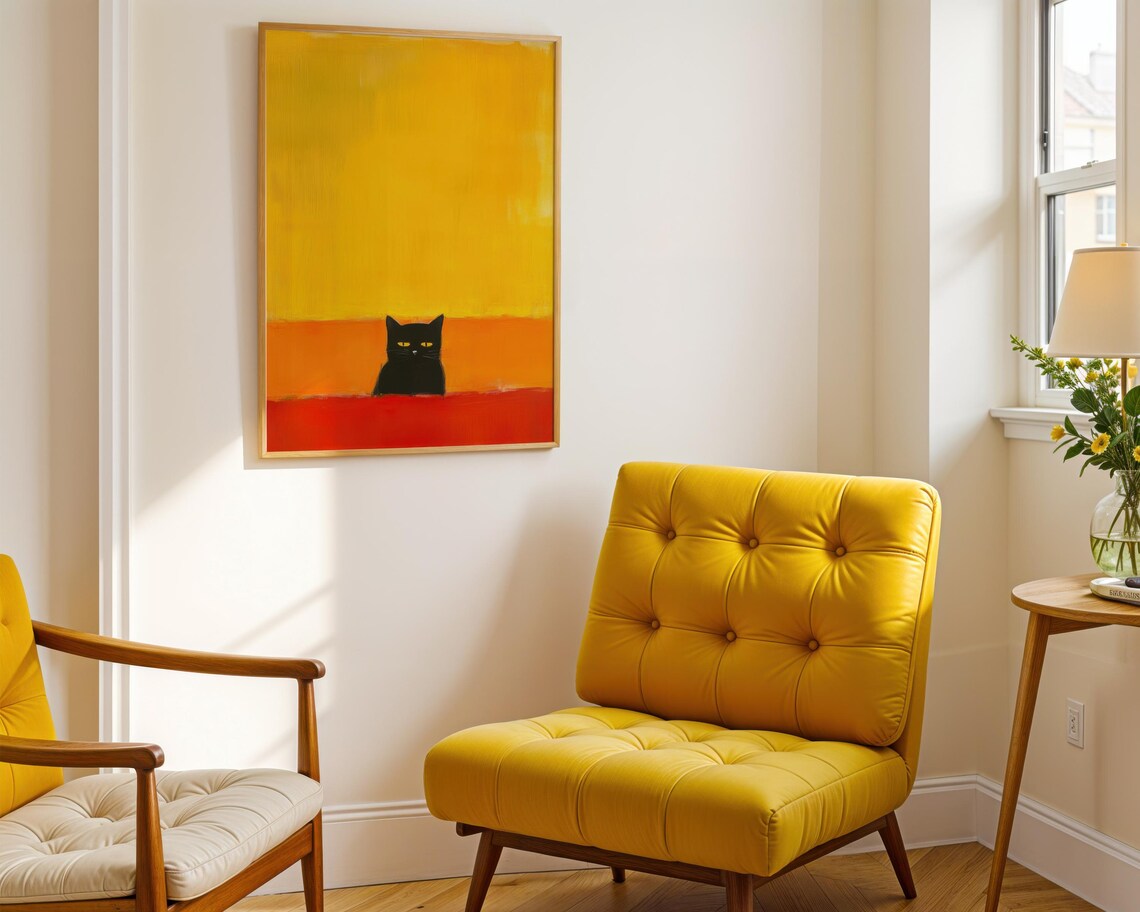 Black Cat with Yellow Eyes on Abstract Sunset Color Block Poster - Image 5