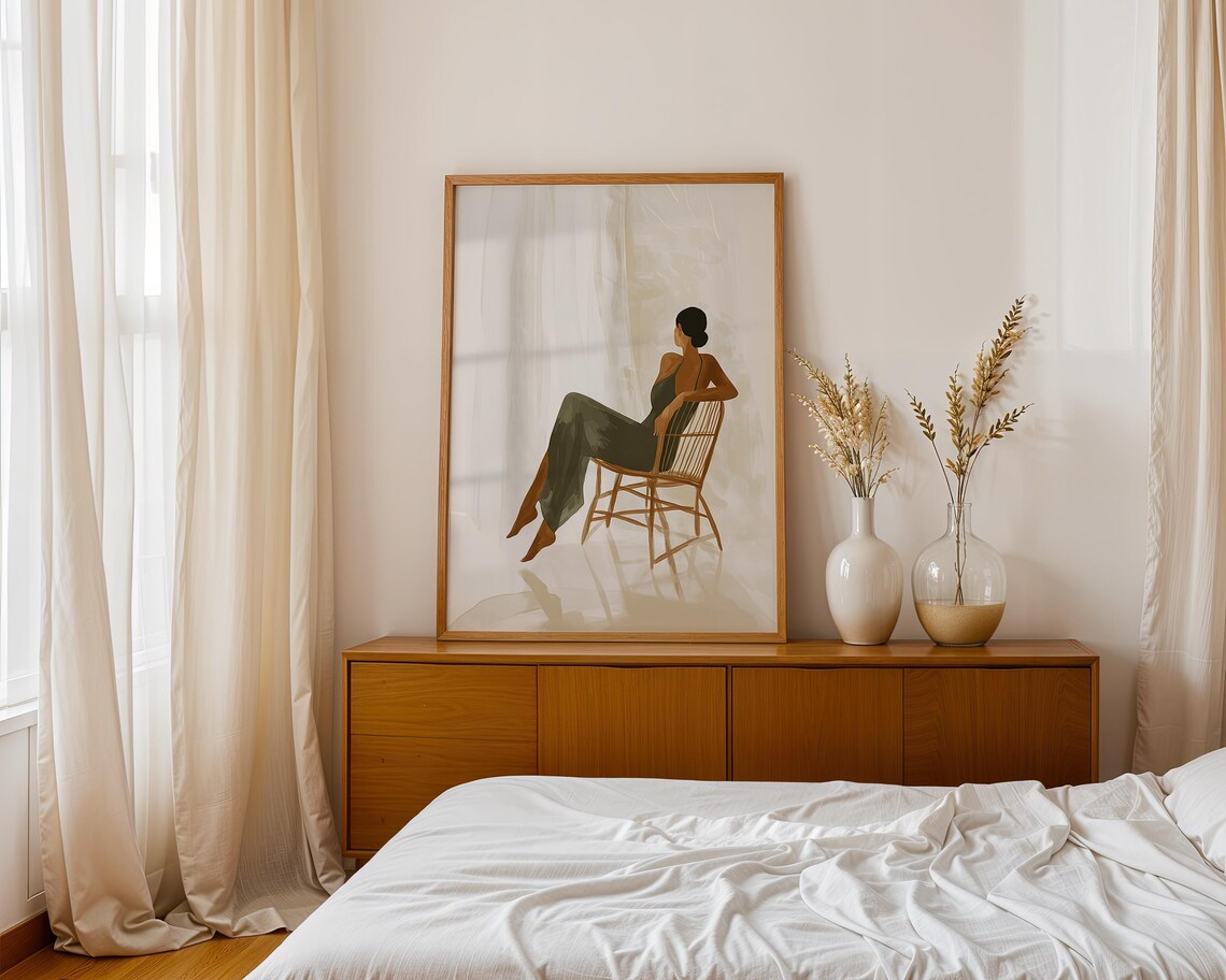 Woman In Silk Dress Sitting On Rattan Chair Sunlit Minimalist Interior Art Print - Image 2