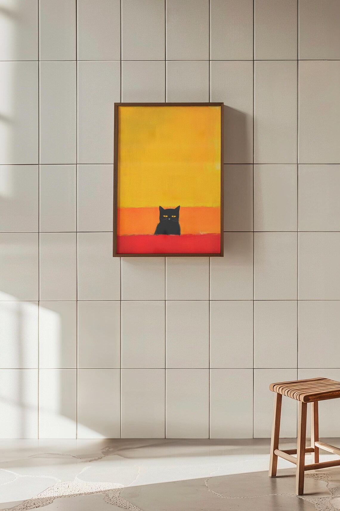 Black Cat with Yellow Eyes on Abstract Sunset Color Block Poster - Image 3