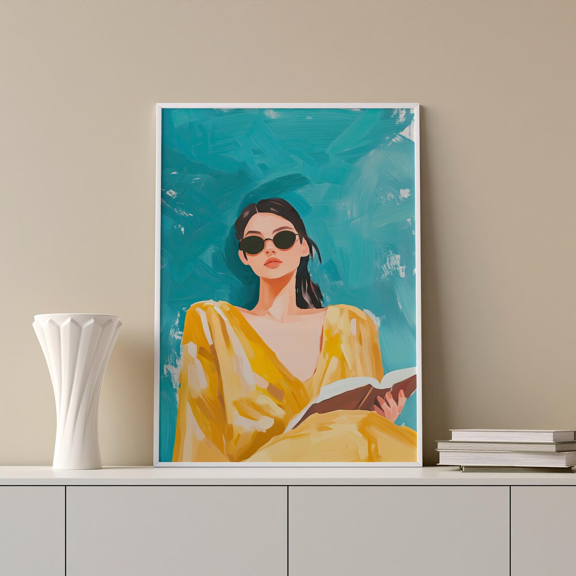 Woman in Sunglasses Reading Book Yellow Turquoise Art Poster - Image 4
