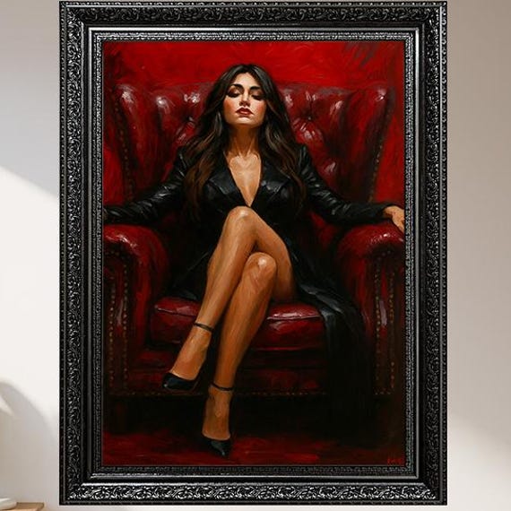 Powerful Woman In Red Chair Wall Art Print Confident Feminine Portrait Poster Bold Oil Painting Style Canvas Modern Glam Decor