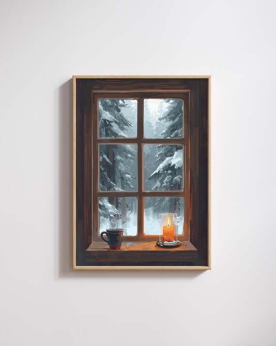 Candlelight Winter Window Snowy Pine Forest Cozy Night Poster