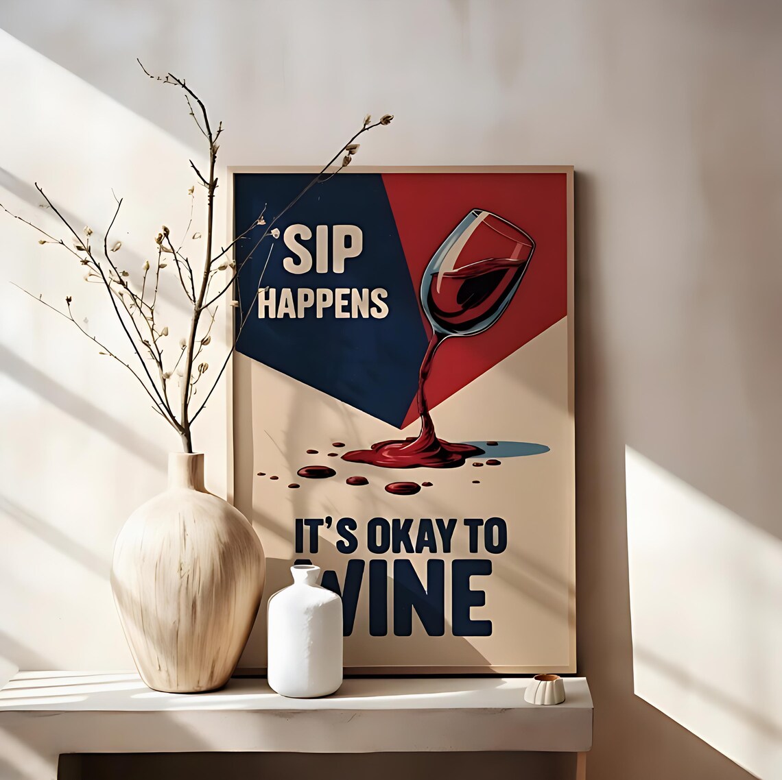 Sip Happens Funny Red Wine Glass Retro Kitchen Quote Wall Art