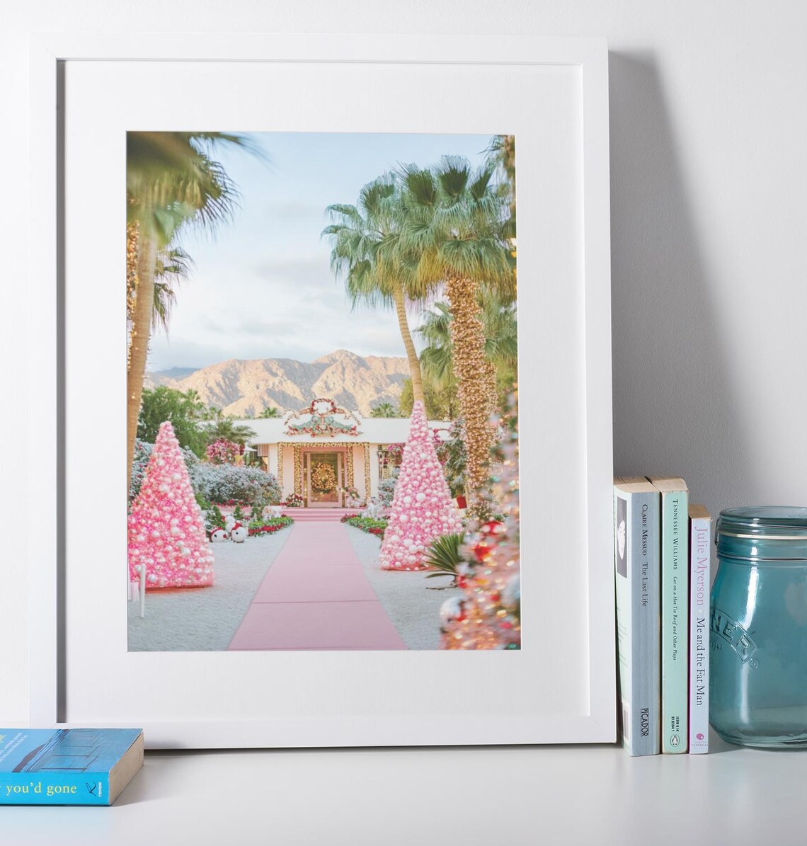 Pink Christmas Mansion Entrance With Palm Trees Holiday Photo Poster