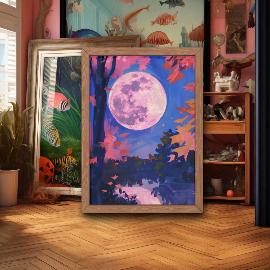 Pink Full Moon Rising Over a Blue Moonlit Forest Lake Art Poster - Image 2