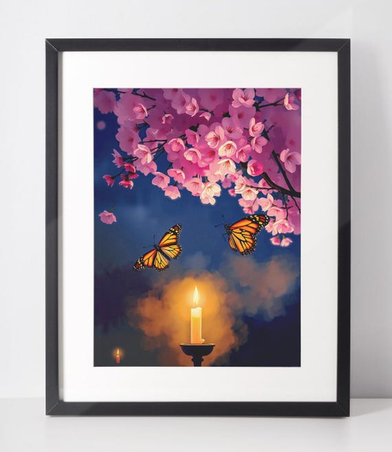 Butterflies Watercolor Cherry Blossom Art Print