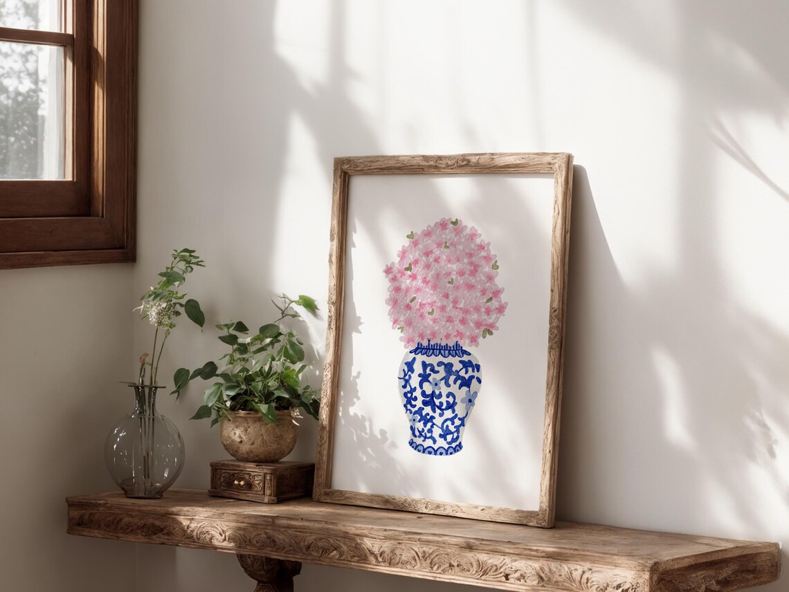Watercolor Cherry Blossom In Ginger Jar, Grandmillennial Decor - Image 5