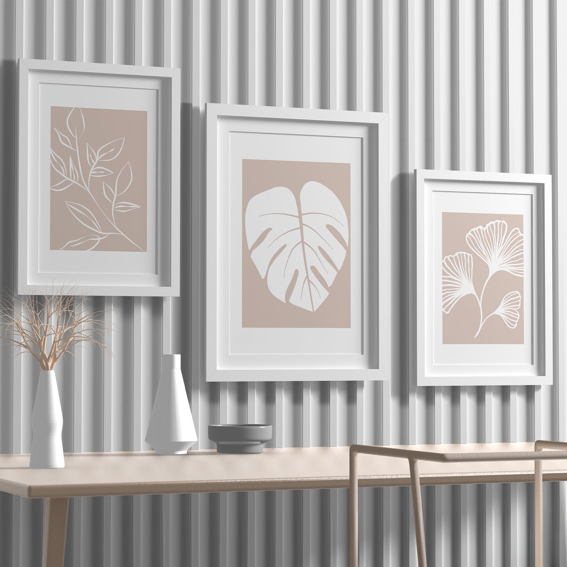 Set Of 3 Beige Botanical Line Art Leaves Monstera Ginkgo Poster - Image 7