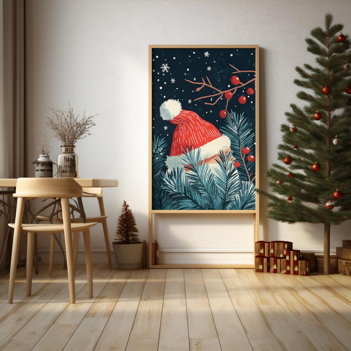 Retro Christmas Santa Hat Pine Berries Snowflakes Holiday Poster - Image 5