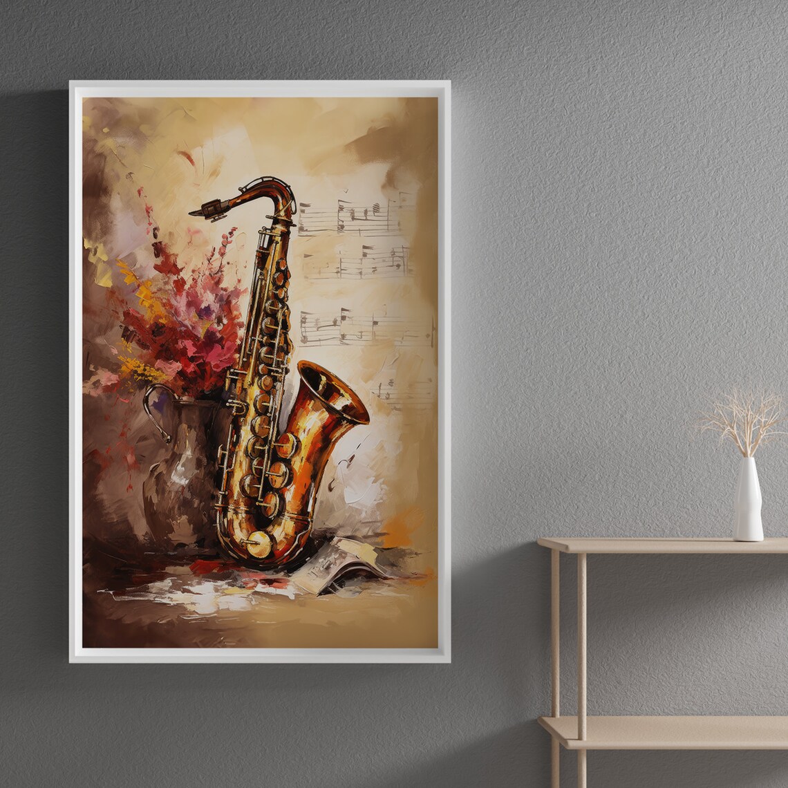Golden Saxophone Still Life Oil Painting Flowers Sheet Music Poster - Image 6