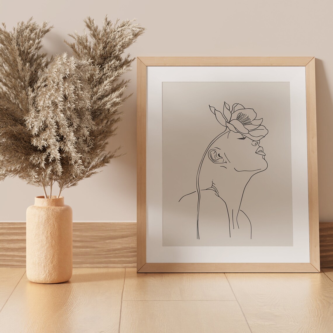 Elegant Line Art Woman with Magnolia Flower Beige Art Poster - Image 2
