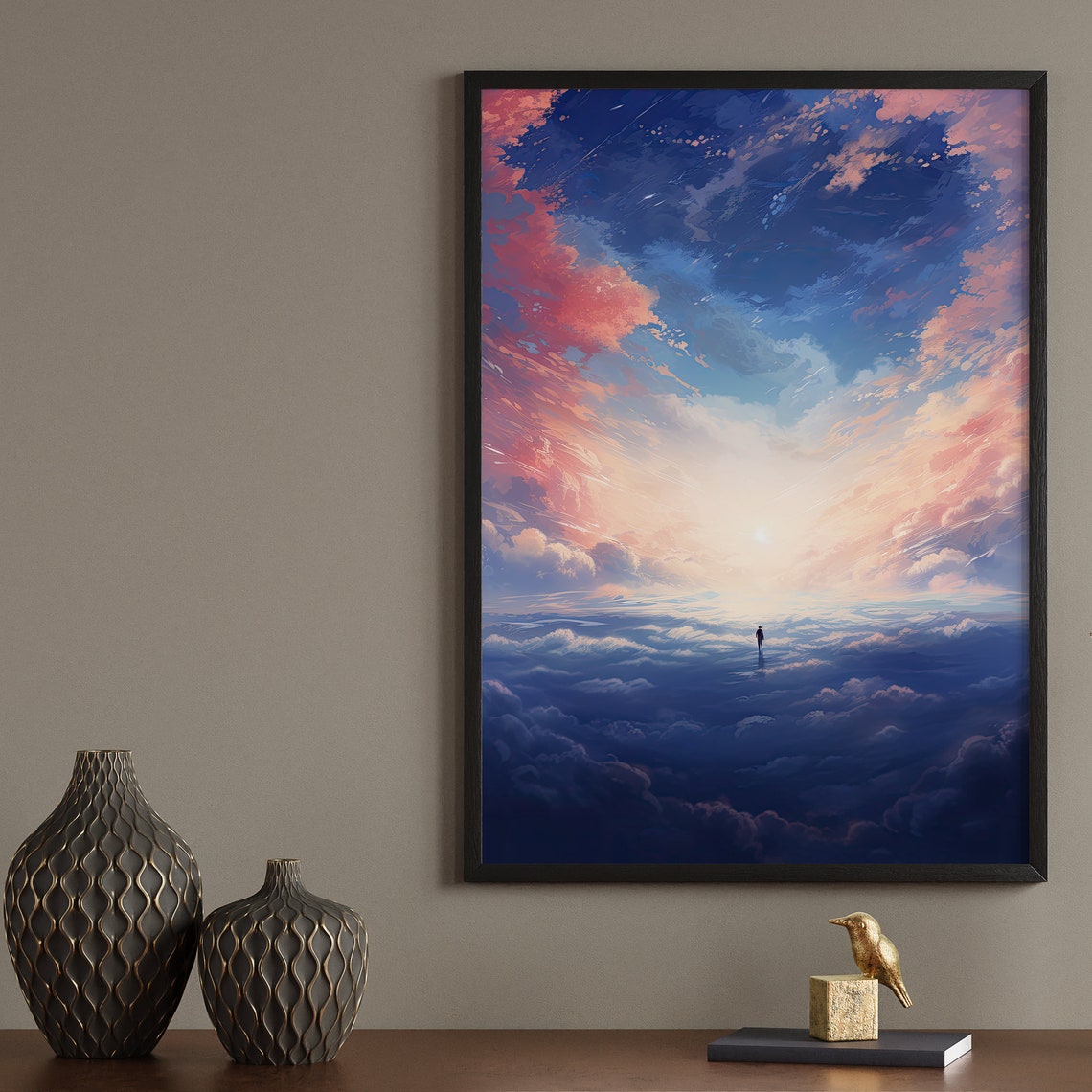 Dreamy Cloudscape Above The Clouds Tiny Figure Sunset Sky Poster - Image 2
