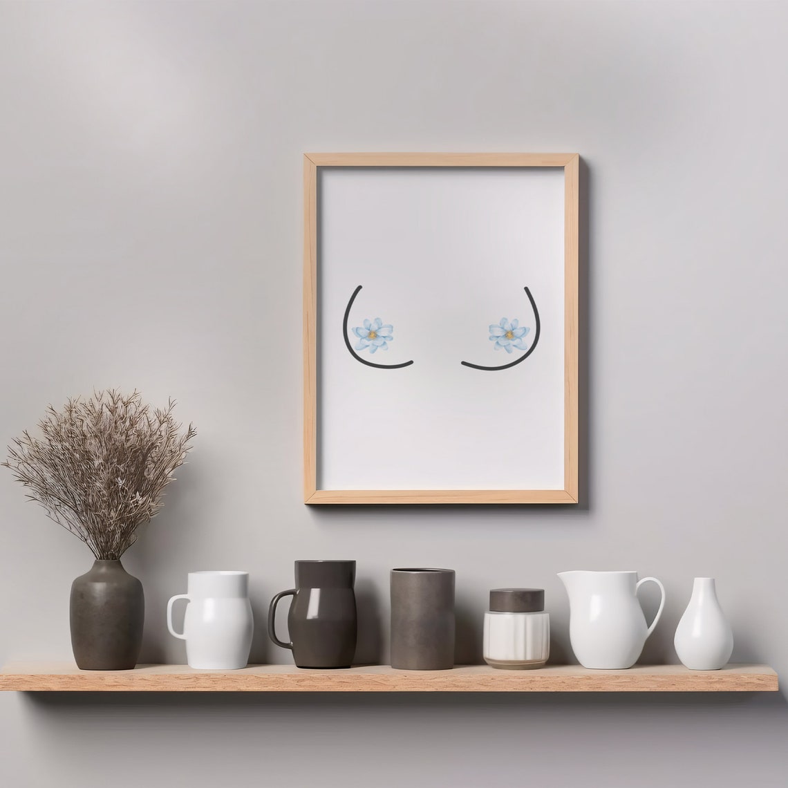 Minimalist Feminine Line Art with Blue Flowers Botanical Poster - Image 2