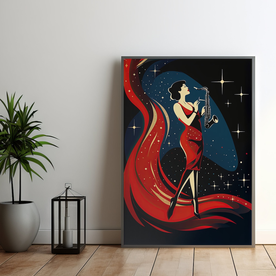 Jazz Saxophone Woman Red Dress Starry Night Art Deco Style Poster - Image 7