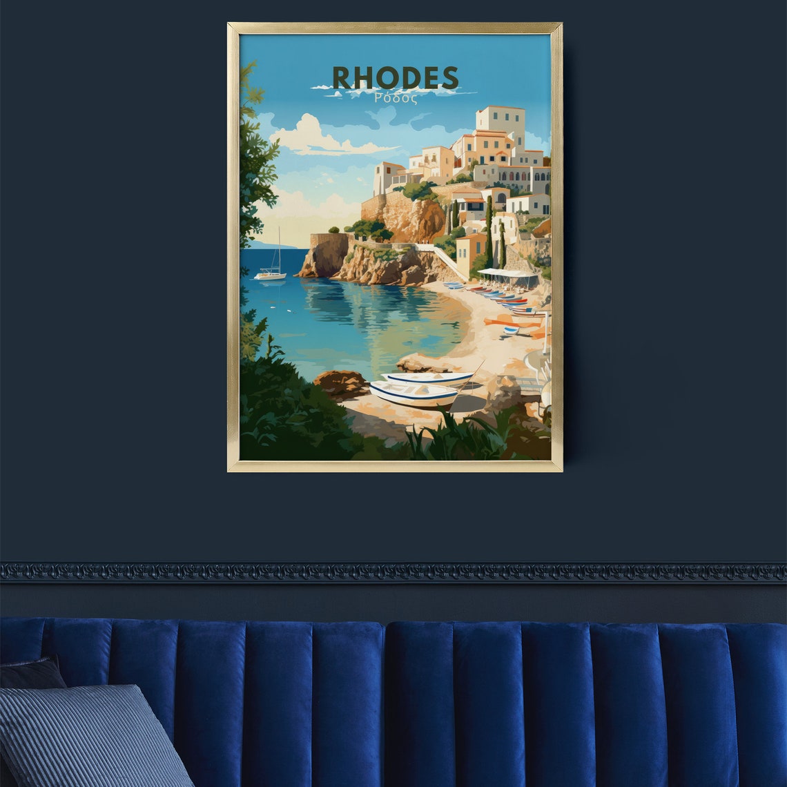 Rhodes Greece Retro Travel Poster with Coastal Harbor Village - Image 5