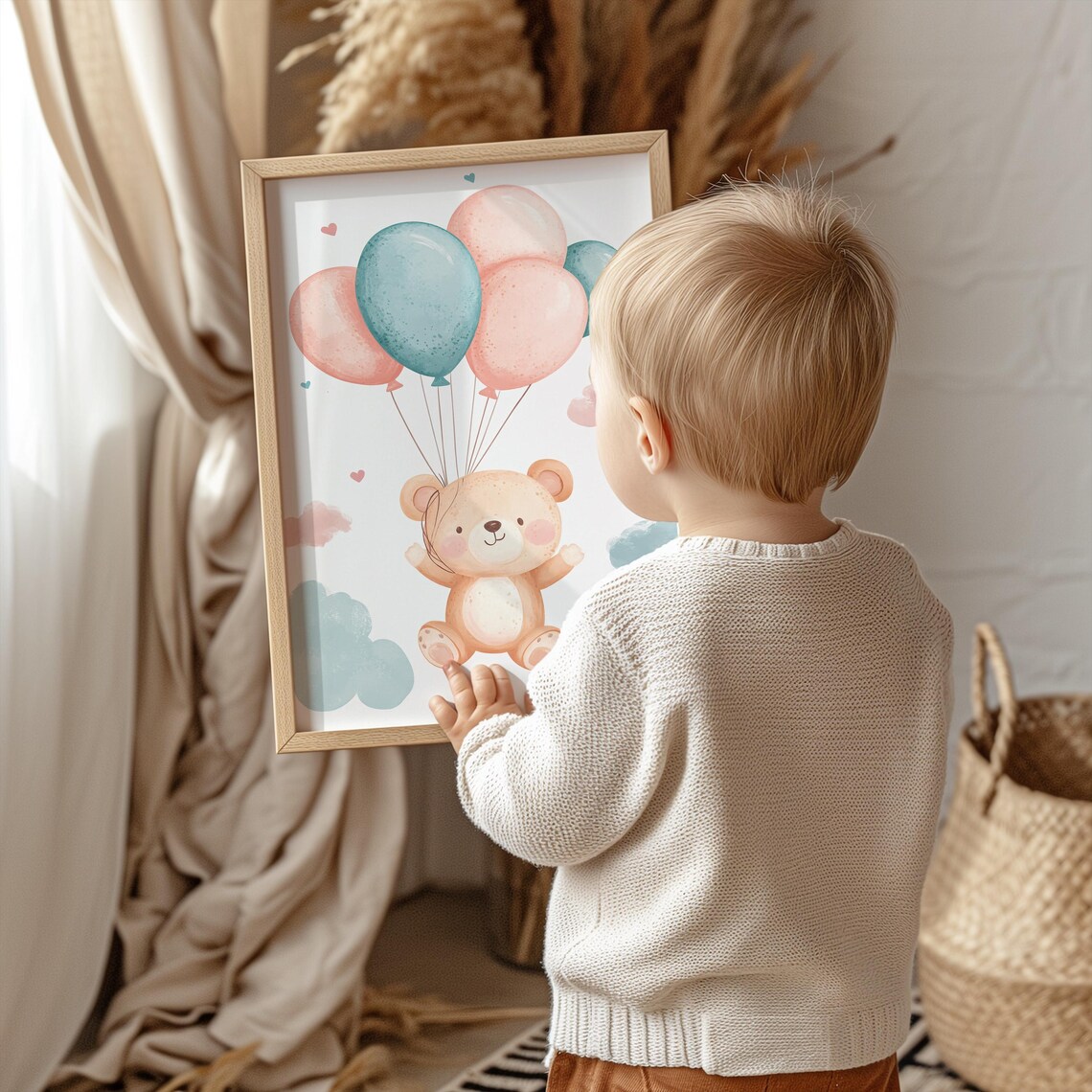 Teddy Bear Floating Pink Teal Balloons Watercolor Nursery Poster Baby Decor - Image 4