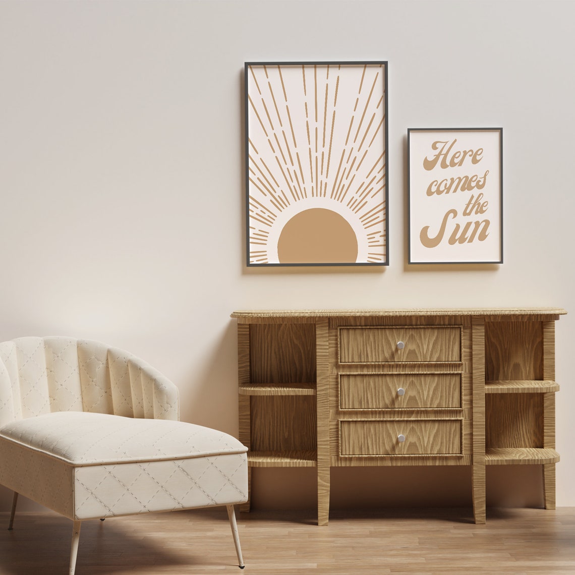 Here Comes The Sun Retro Pair Mustard Sunrise Typography Poster - Image 3
