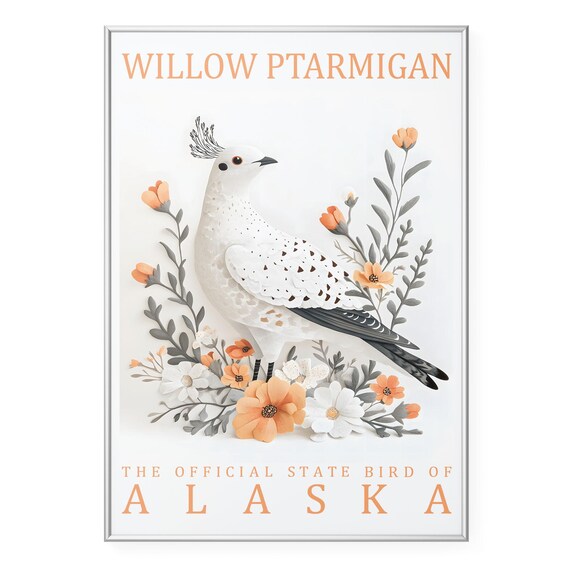 Willow Ptarmigan Bird Wall Art Print Alaska State Poster Vintage Wildlife Artwork Rustic Botanical Illustration Decor