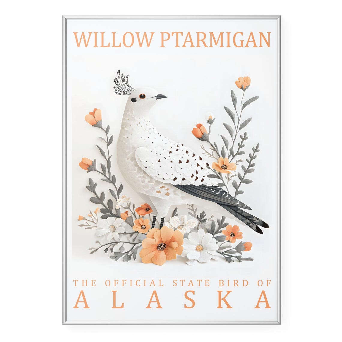 Willow Ptarmigan Alaska State Bird Botanical Illustration Poster