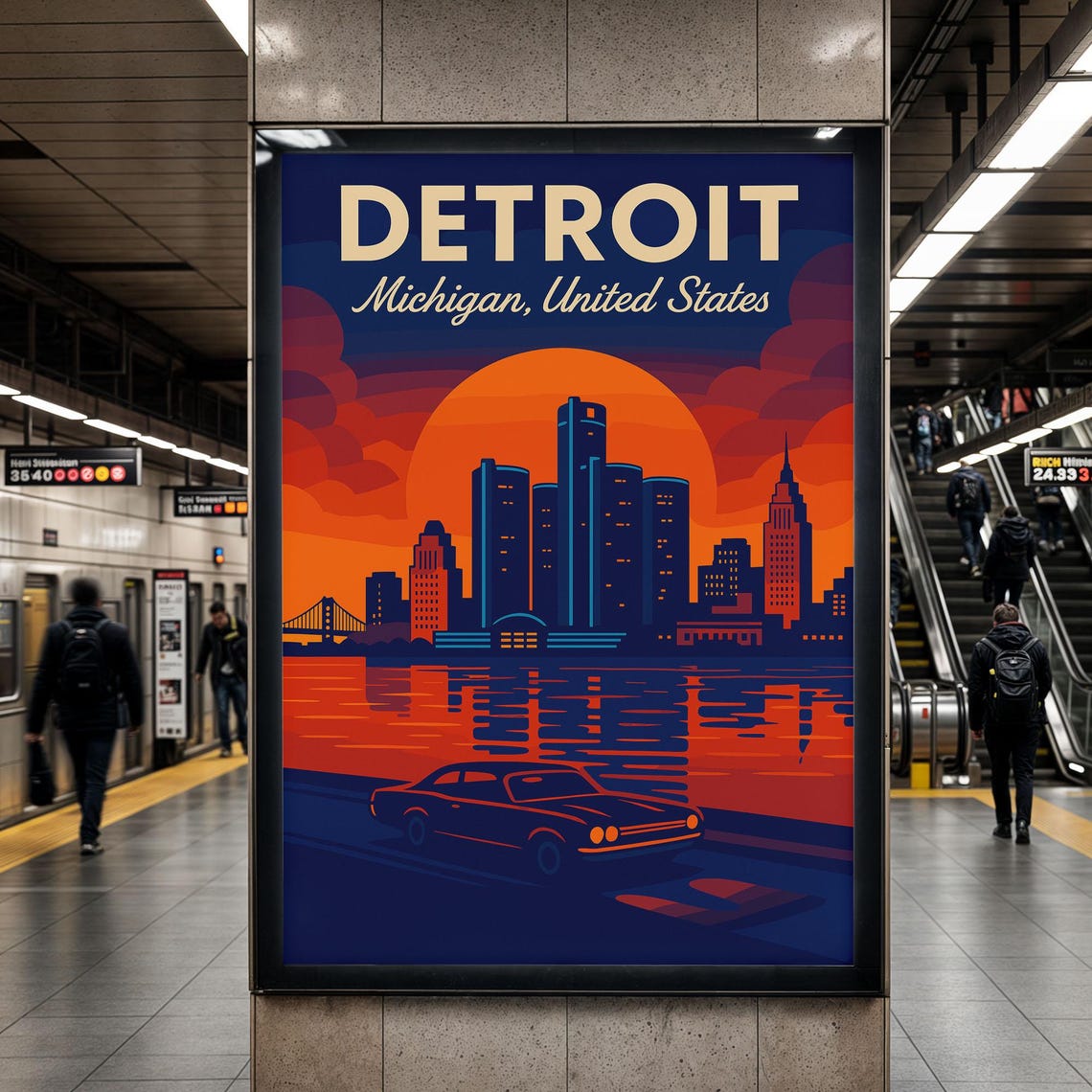 Detroit Michigan Sunset Skyline With Classic Car Travel Poster