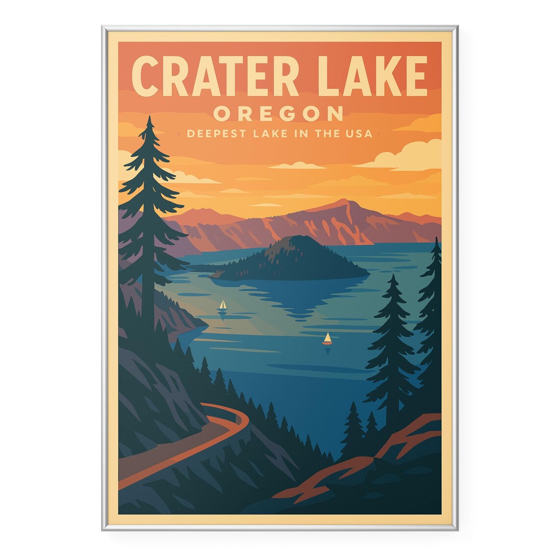 Crater Lake Oregon Deepest Lake USA Sunset Vintage Travel Poster