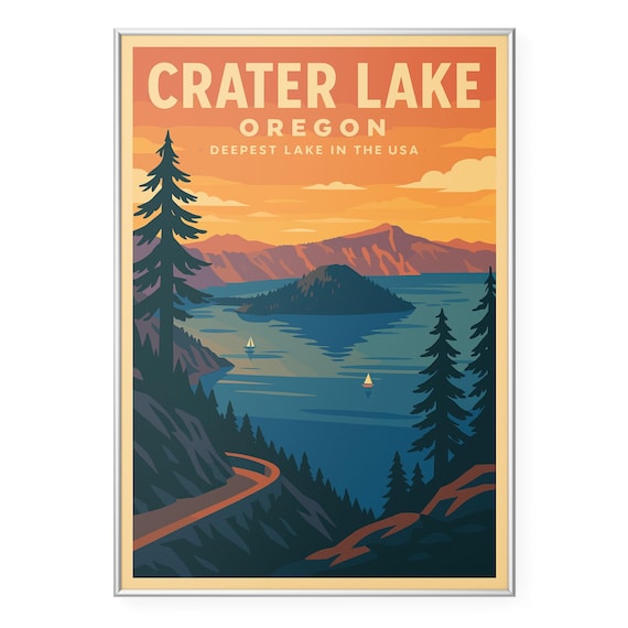 Crater Lake Oregon Deepest Lake USA Sunset Vintage Travel Poster