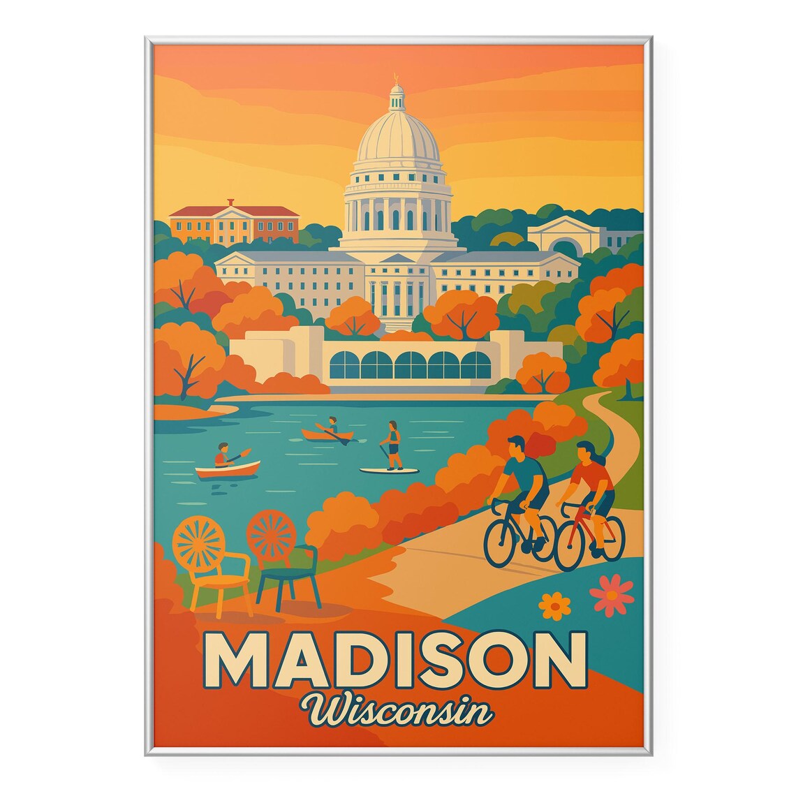 Madison Wisconsin Capitol Building Lake Sunset Travel Poster