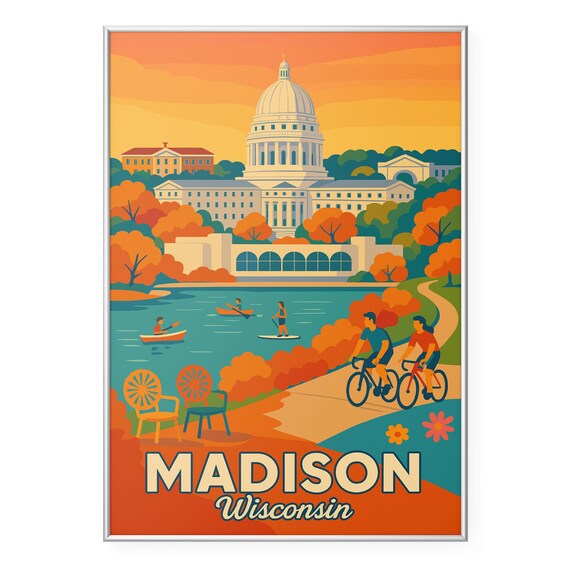 Madison Wisconsin Capitol Building Lake Sunset Travel Poster