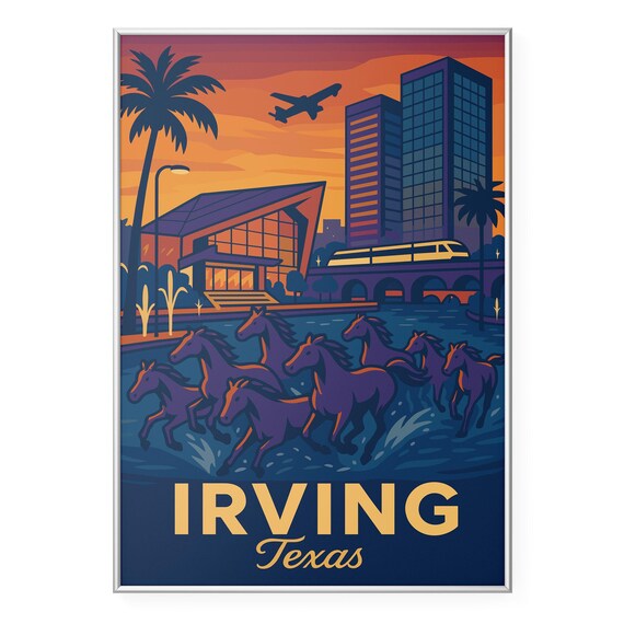 Irving Texas Mustangs Galloping at Sunset City Skyline Poster