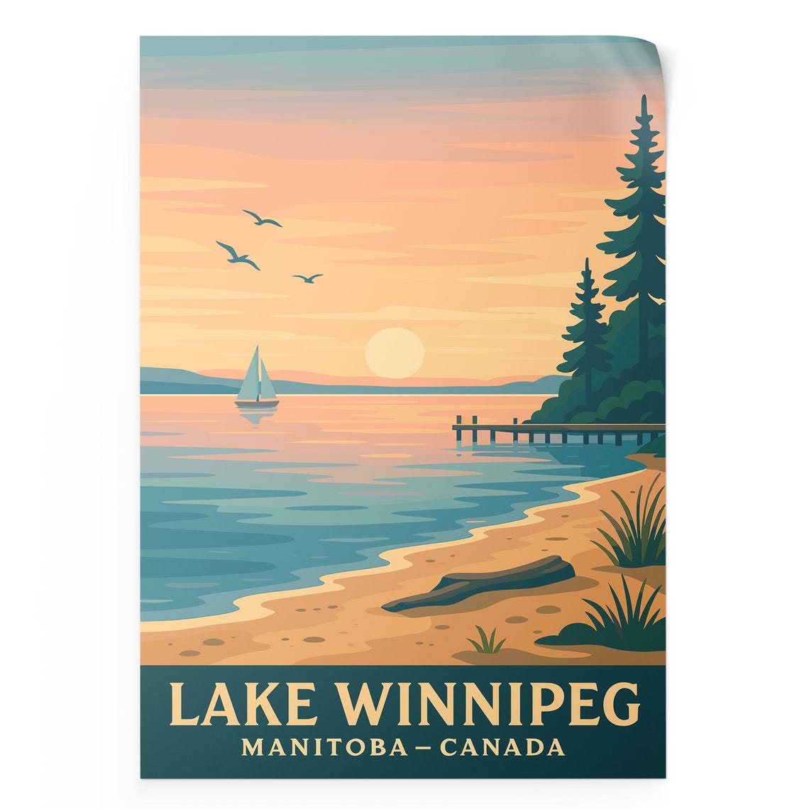 Lake Winnipeg Manitoba Sailboat Sunset Illustration Travel Poster