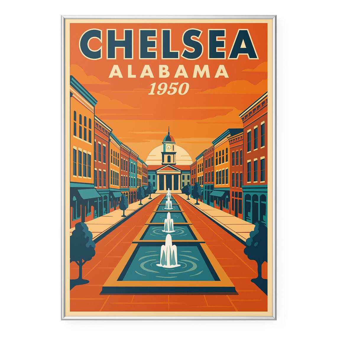 Chelsea Alabama 1950 Retro Main Street Fountain Travel Poster