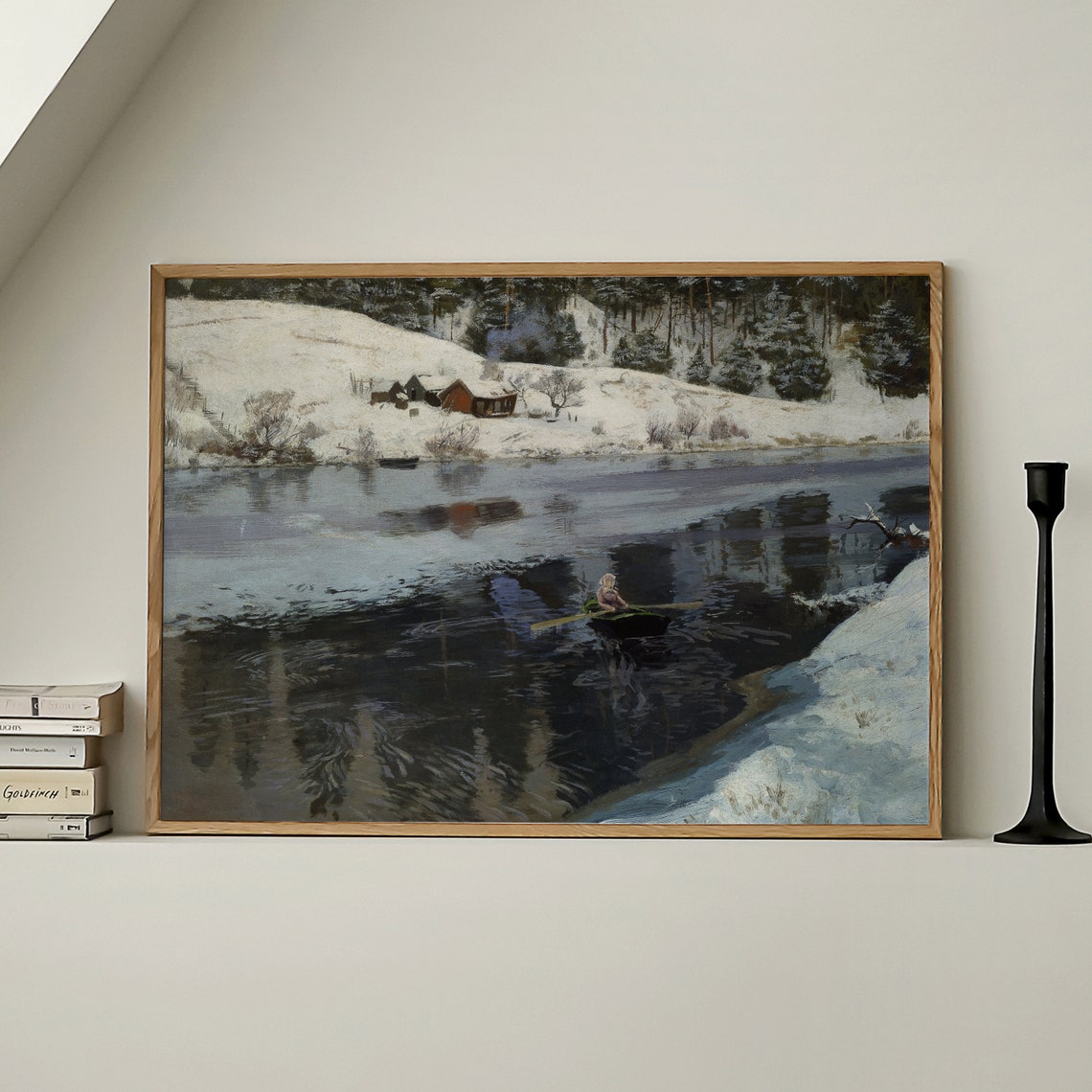 Lone Rower Winter River Snowy Cabins Vintage Landscape Print - Image 4