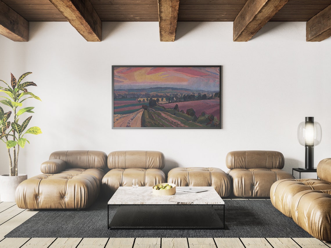 Expressionist Countryside Sunset Painting Pink Fields Landscape Art - Image 4