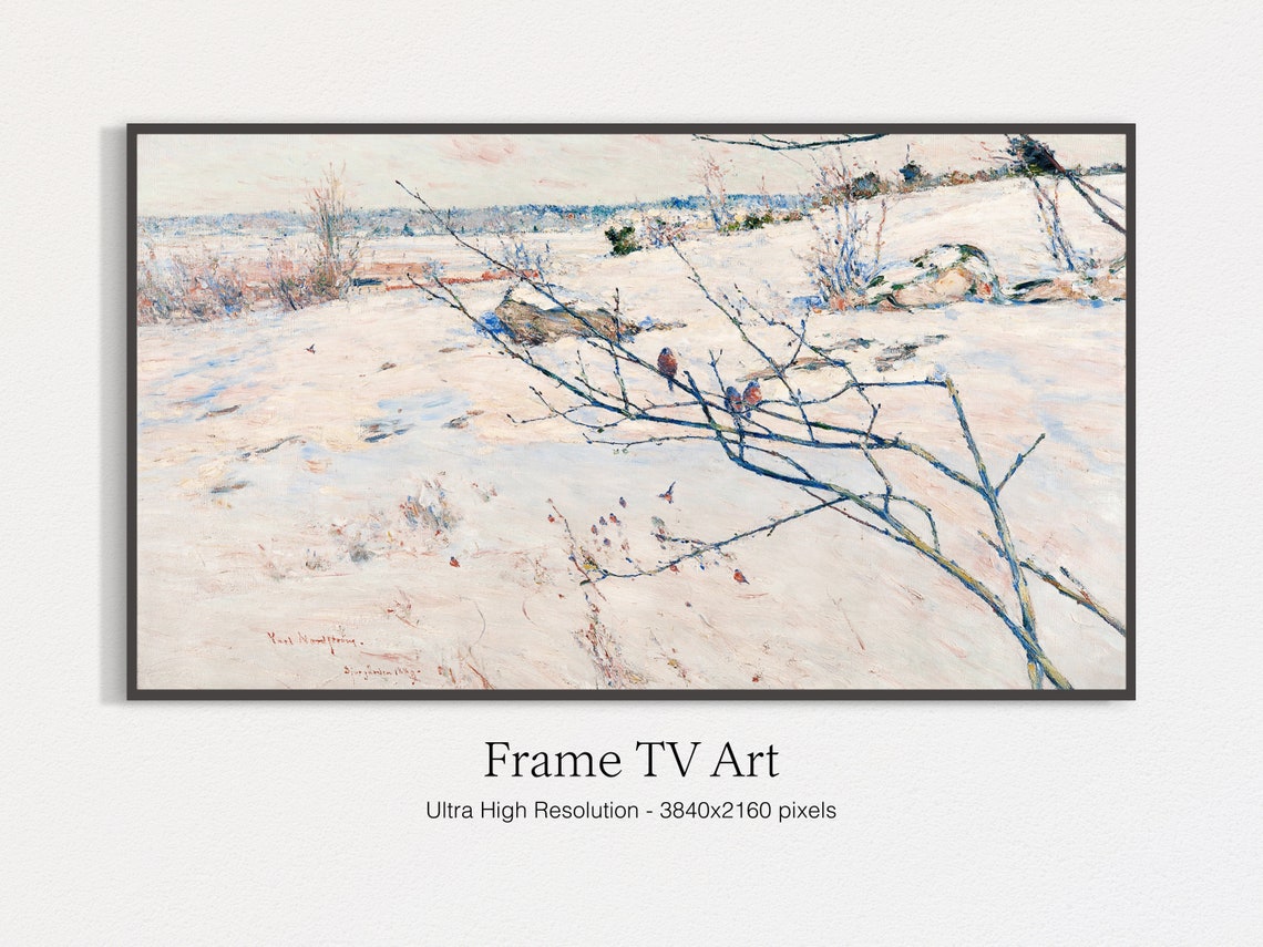 Birds on a Bare Branch in Winter Snow Vintage Impressionist Art Print