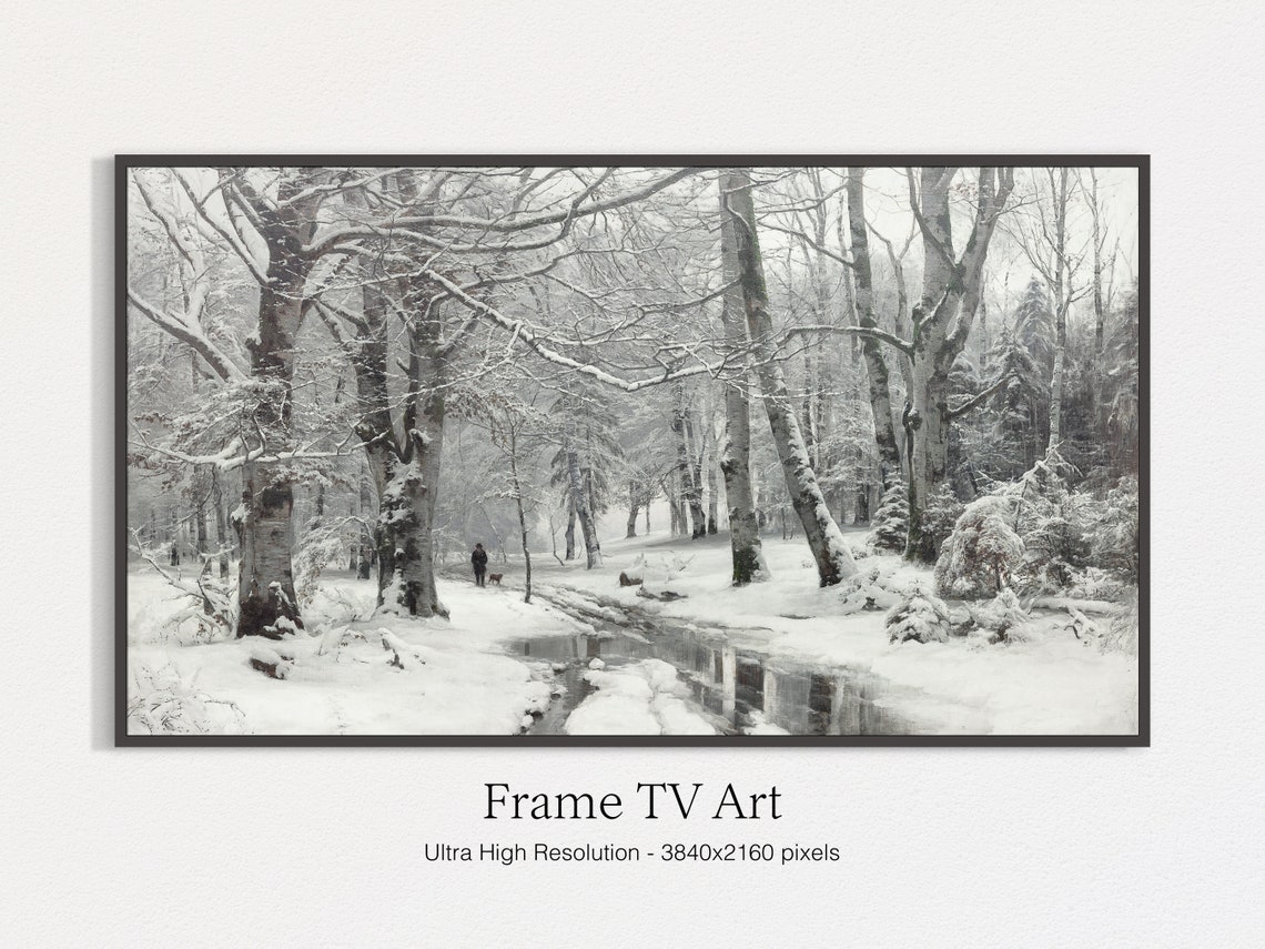 Moody Snowy Birch Forest Winter Walk Frozen Stream Landscape Print - Image 4