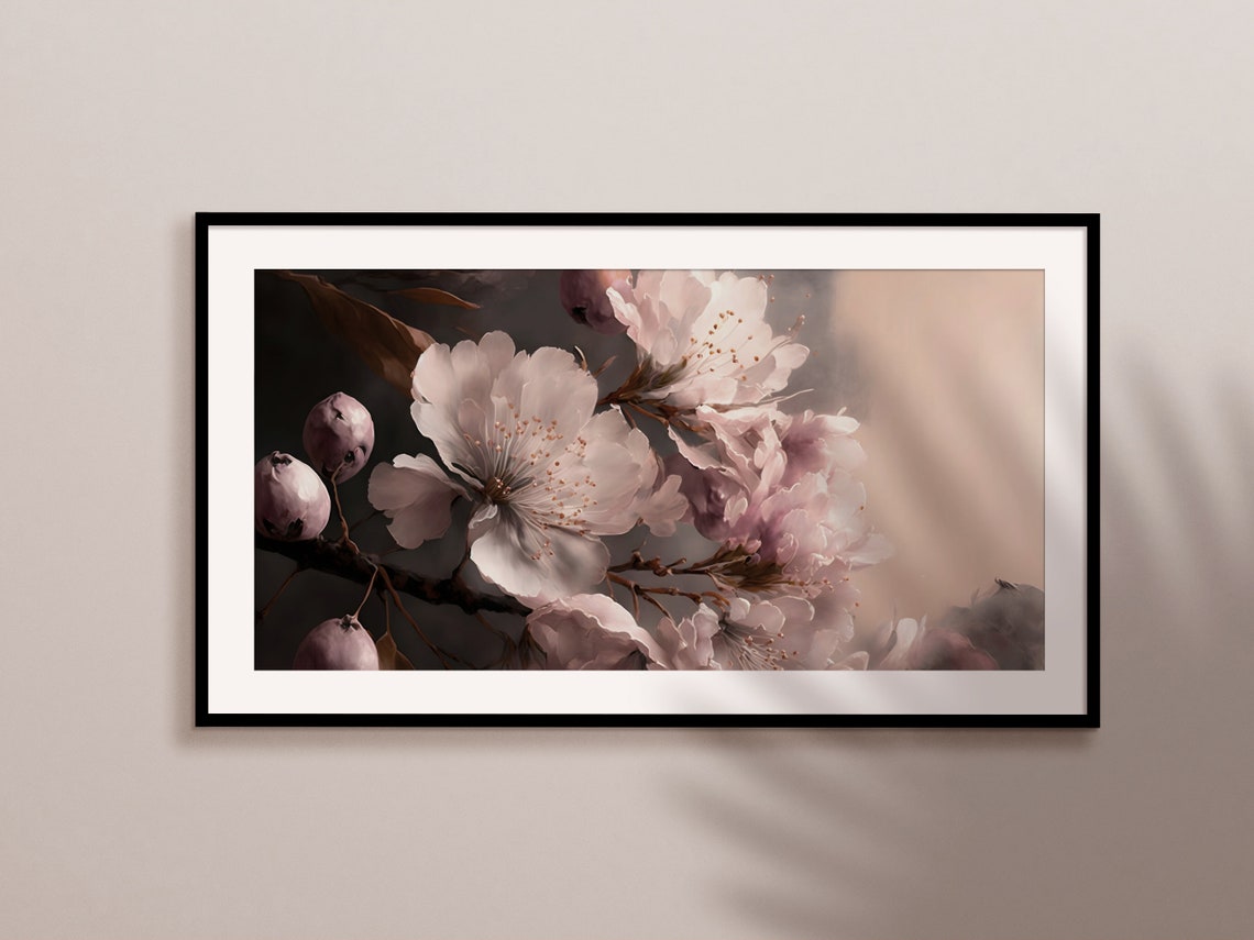 Blush Cherry Blossoms Close Up On Branch Moody Botanical Art Print - Image 2