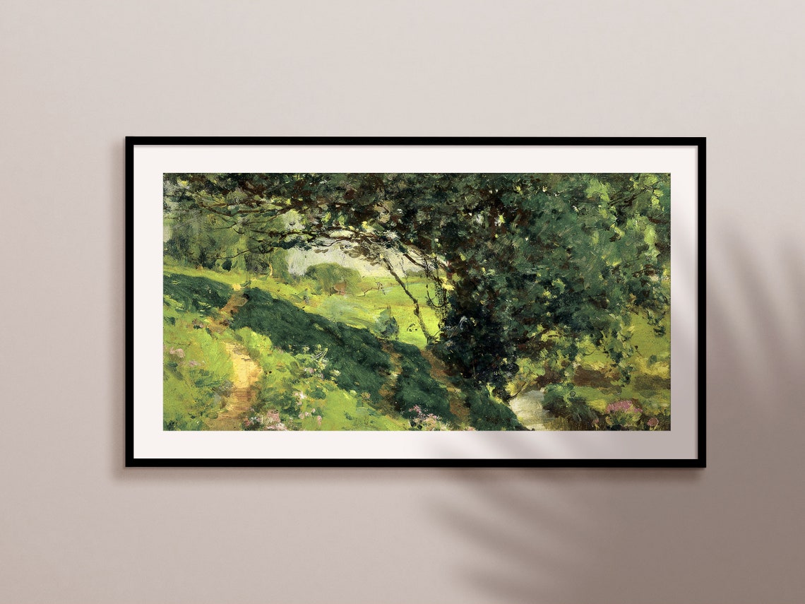 Summer Forest Path Painting Lush Green Woodland Stream Landscape Art - Image 2