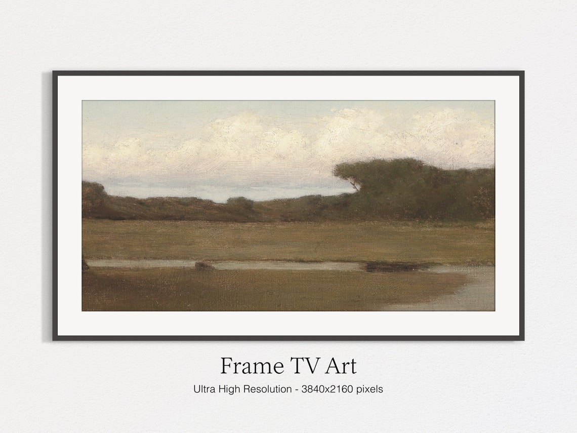 Vintage Meadow Marsh Oil Painting Winding Stream Cloudy Sky Poster - Image 5