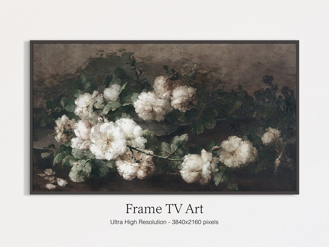 Vintage White Roses Moody Floral Still Life Dark Antique Print