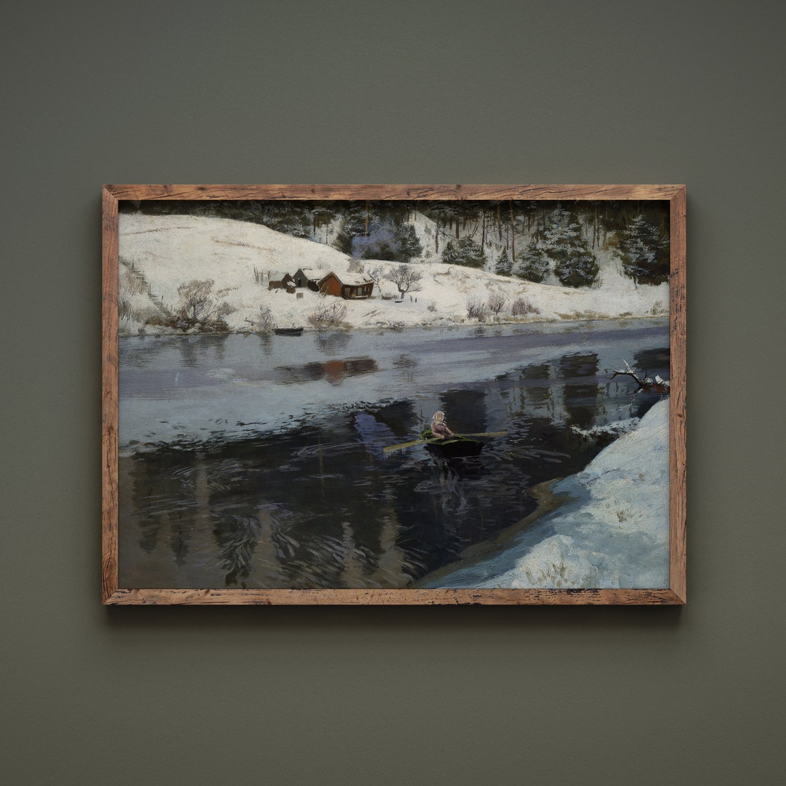 Lone Rower Winter River Snowy Cabins Vintage Landscape Print - Image 2