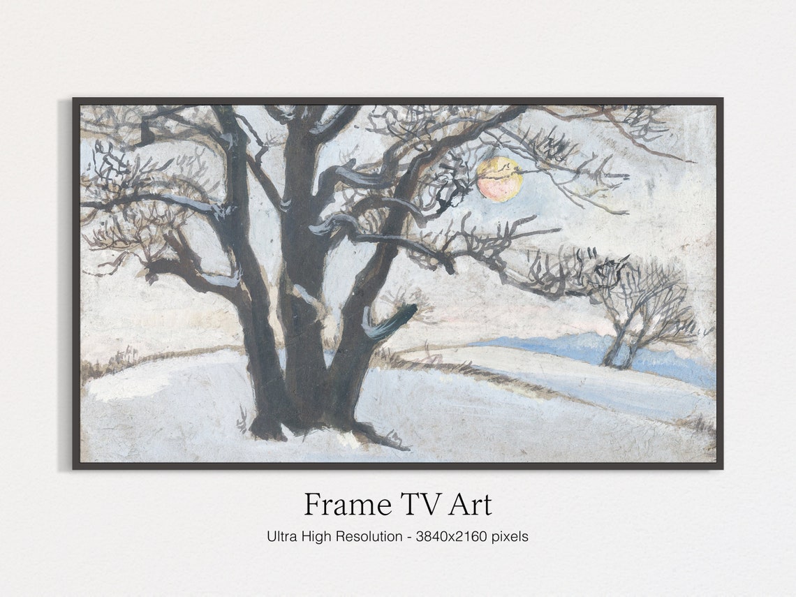 Winter Watercolor Bare Snowy Trees Orange Moon Landscape Print