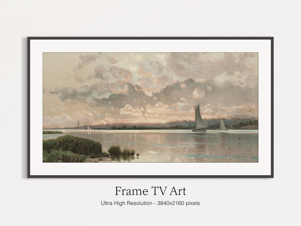 Quiet Lakeside Sailboats at Sunset Vintage Muted Seascape Art Print - Image 5