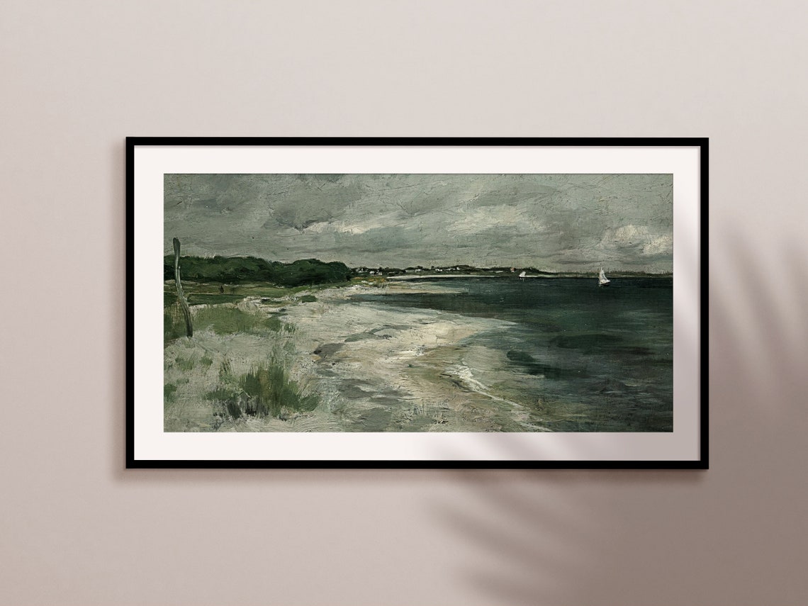 Moody Vintage Seascape Painting Sailboat Cloudy Coast Wall Art - Image 2