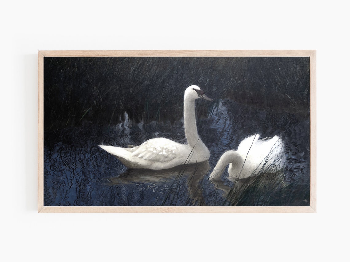 Swans In Reeds, Classic Painting - Image 2
